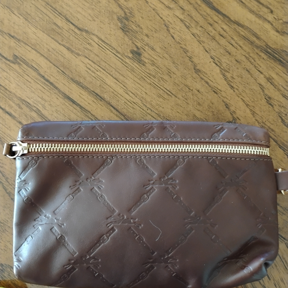 Longchamp Brown Leather Wristlet with Embossed Pattern